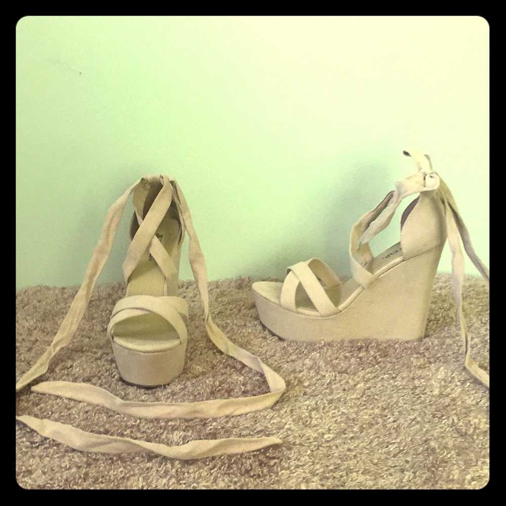 Nude pink lace-up platform wedges